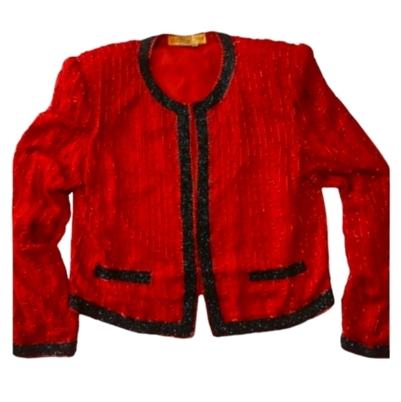 Vtg Scala red silk beaded sparkly evening party special Event short jacket Sz M - Picture 8 of 11